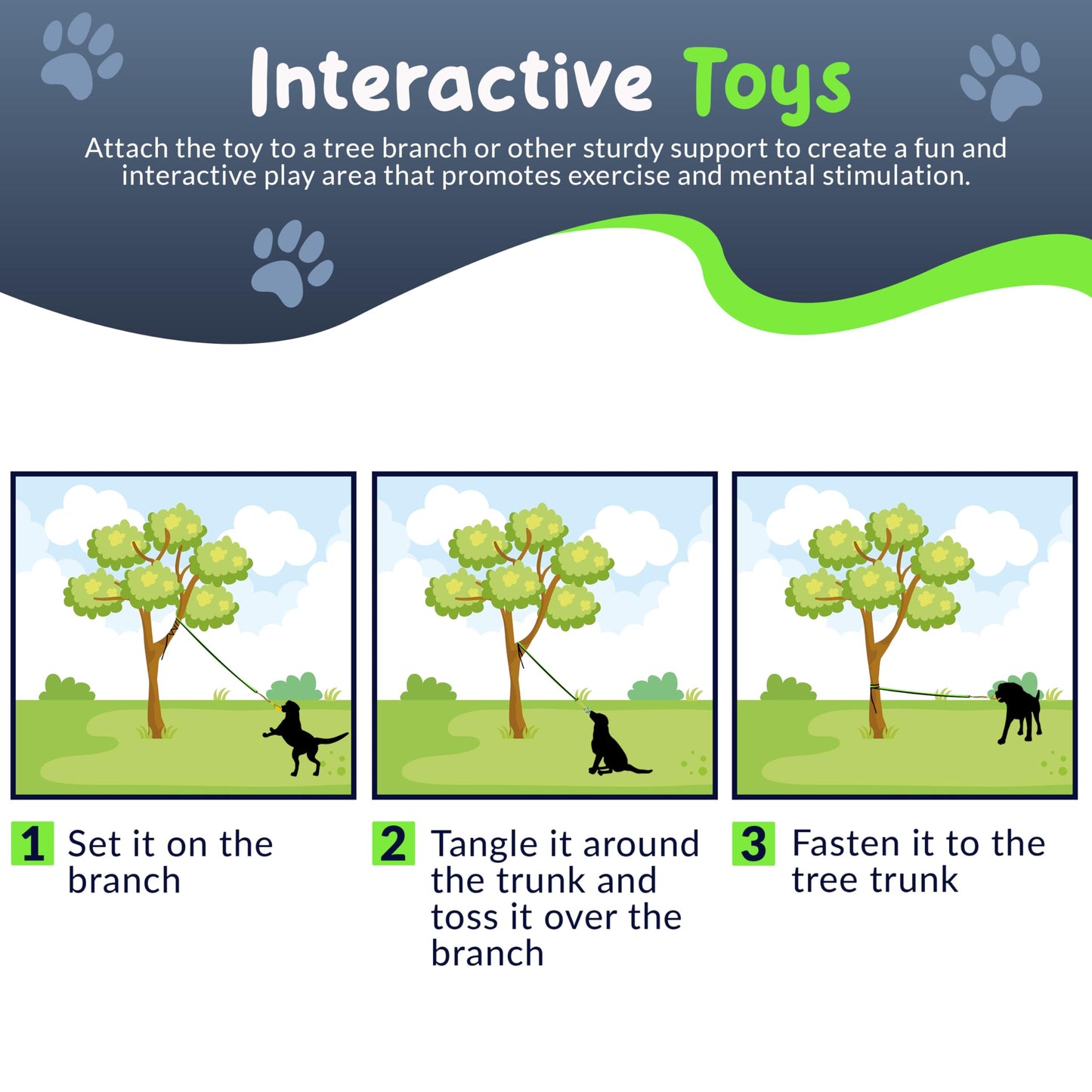 Petite Paws Tree Rope Toy for Dogs - Bungee Tug Toy for Small to Large Breeds - Outside Entertainment and Exercise Hanging Dog Toys Tug of War with Chew Rope and Ball Set (Reflective)