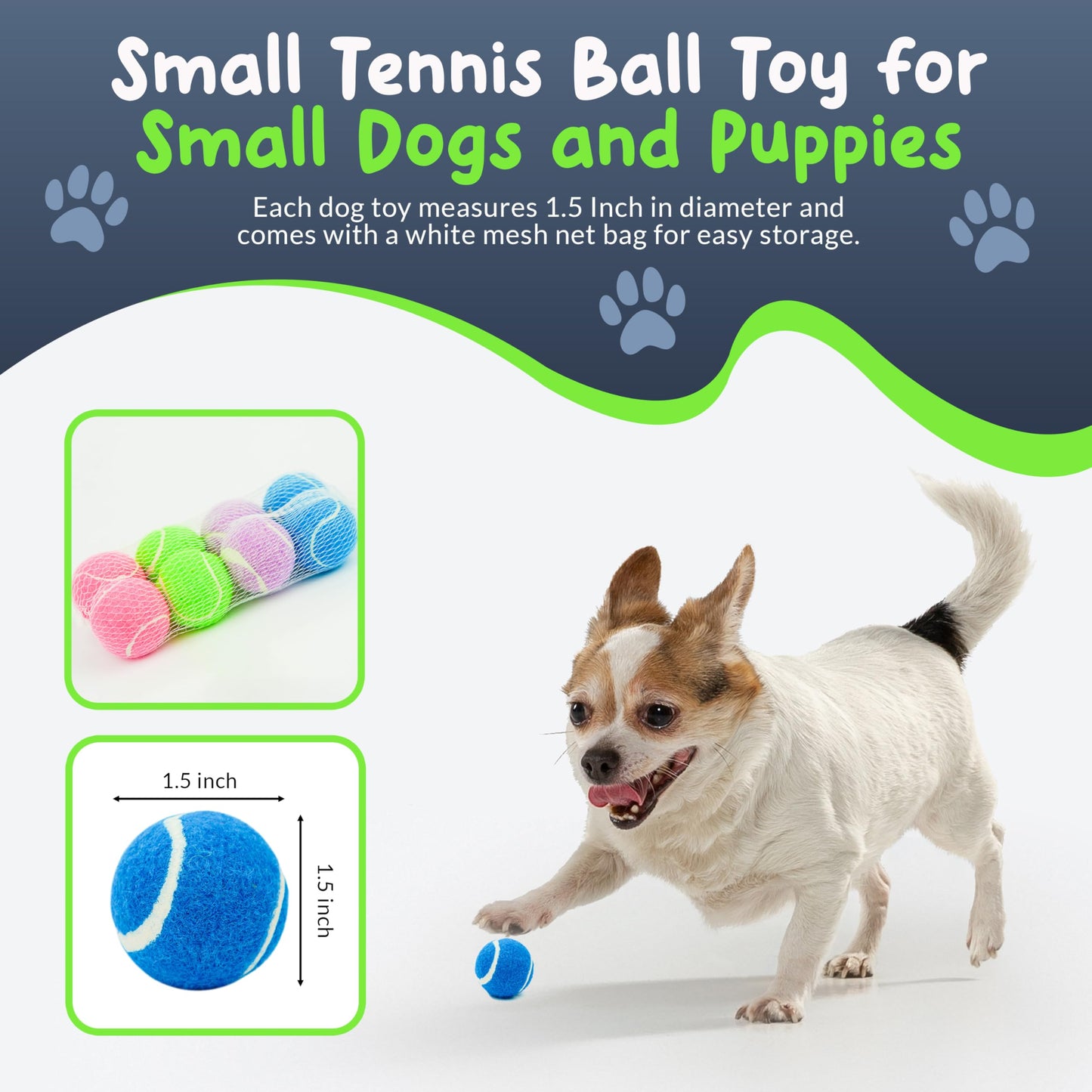 Petite Paws Mini Tennis Balls for Dogs 1.5 Inch - No Squeak Small Dog Balls for Small Breed and Puppies - Extra Small Interactive Fetch Toy for Dog Ball Launcher - 8 Pack