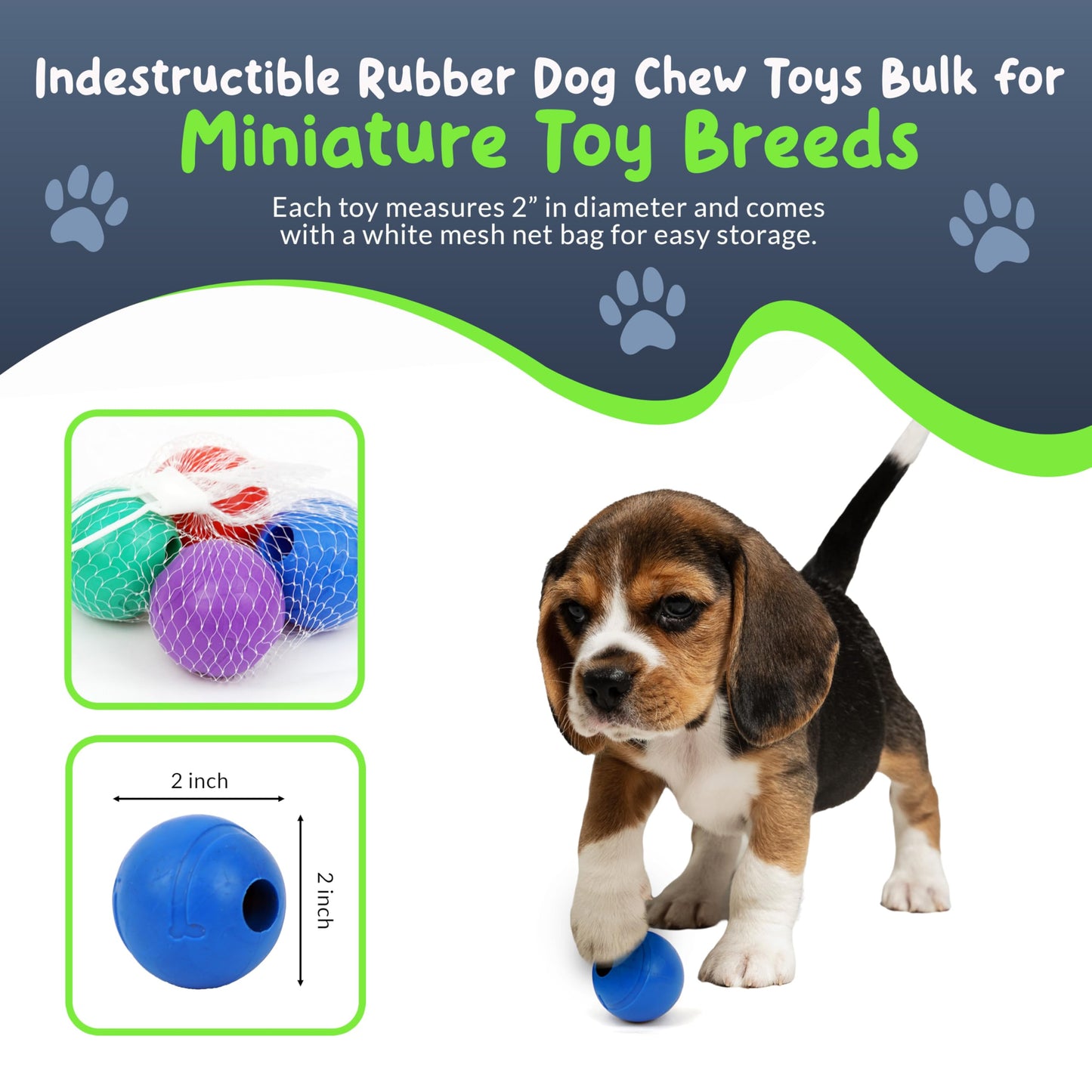 Petite Paws Balls for Aggressive Chewers - Small Dogs and Puppies Indestructible Rubber Dog Chew Toys Bulk for Miniature Toy Breeds