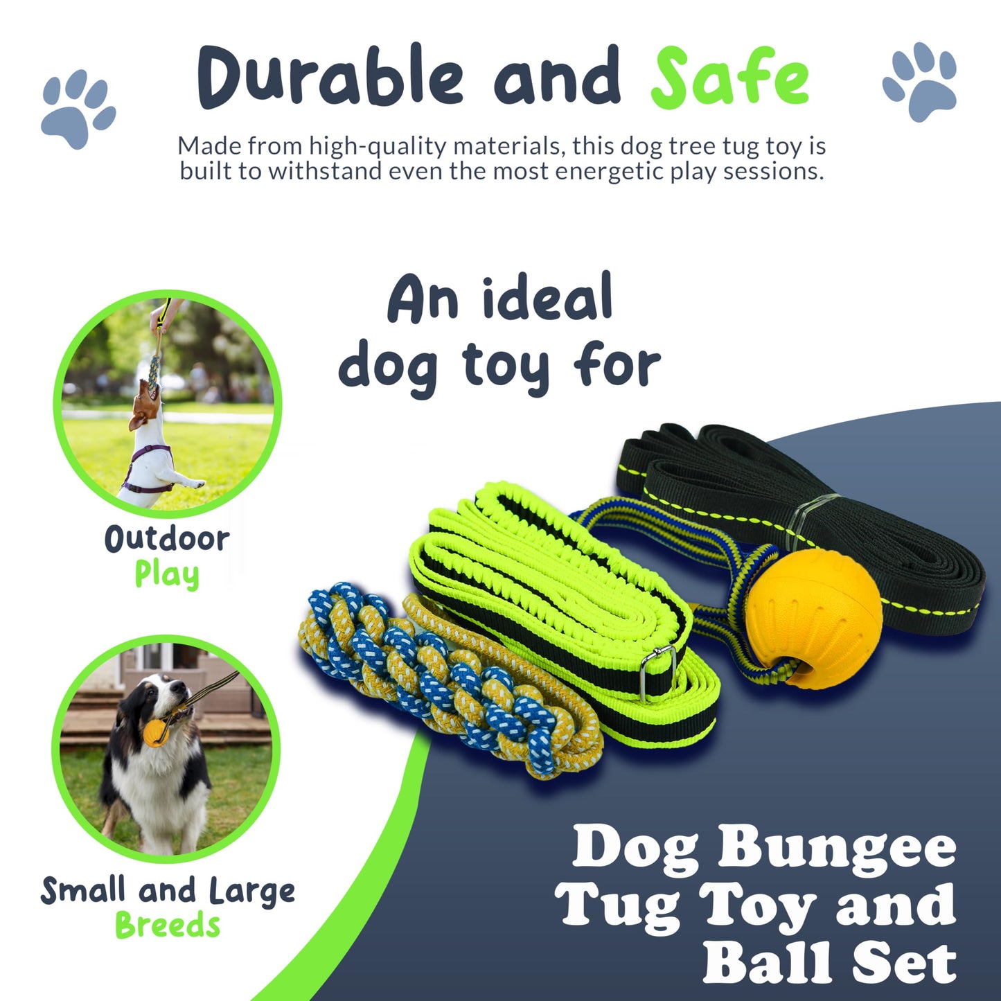 Petite Paws Tree Rope Toy for Dogs - Bungee Tug Toy for Small to Large Breeds - Outside Entertainment and Exercise Hanging Dog Toys Tug of War with Chew Rope and Ball Set (Reflective)
