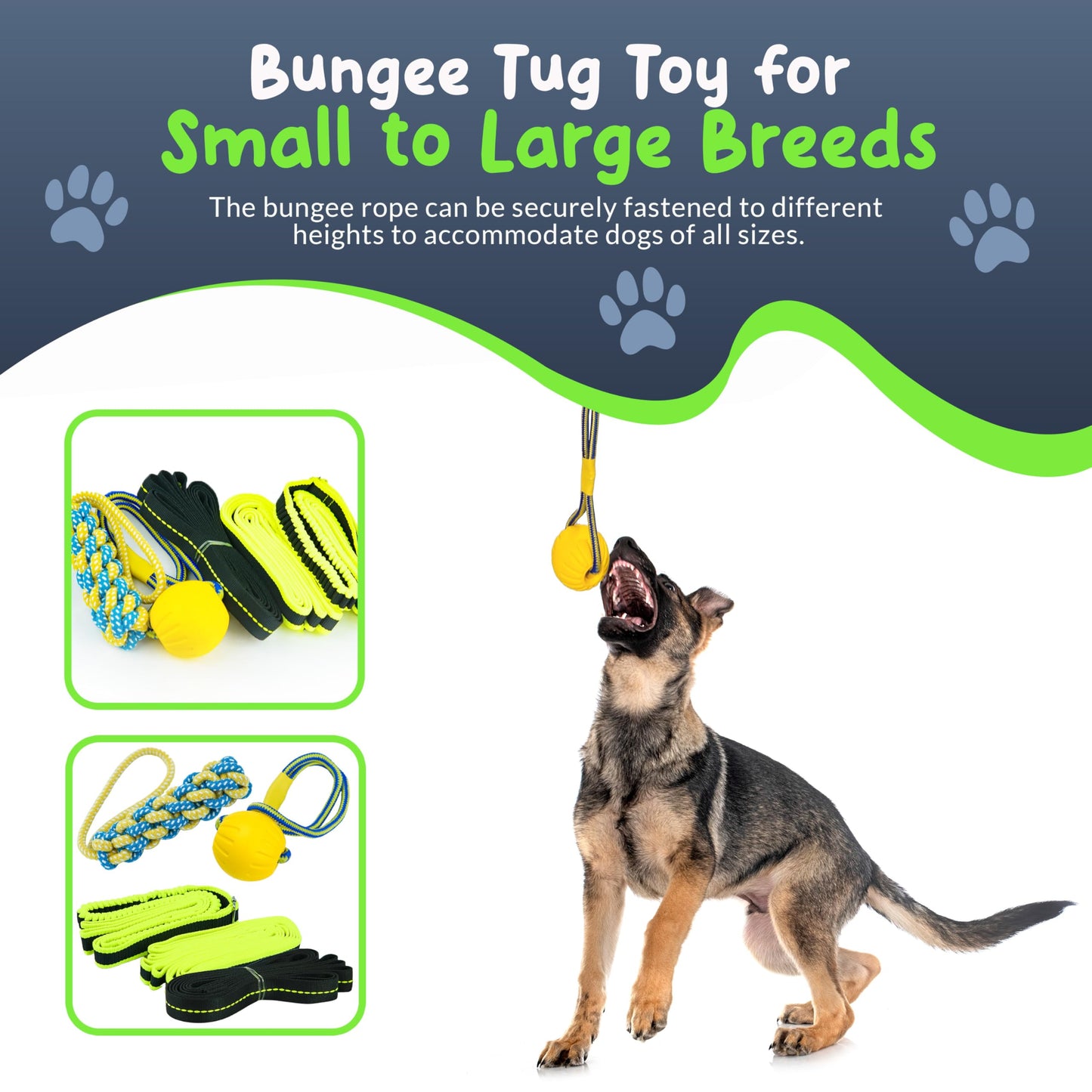 Petite Paws Tree Rope Toy for Dogs - Bungee Tug Toy for Small to Large Breeds - Outside Entertainment and Exercise Hanging Dog Toys Tug of War with Chew Rope and Ball Set (Reflective)